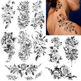 Casciybo Black Flower Butterfly Temporary Tattoos for Women Girls, 10Sheets Large Waterproof Arm Adults Fake, Realistic That Look Real Last Long Tattoo Stickers Party Favors Supplies Gifts