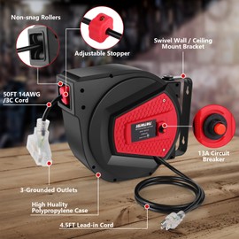 Himimi Retractable Extension Cord Reel, 50FT 14AWG/3C Power Cord Reel for Garage Workshop, Wall/Ceiling Mounted Extension Cord Reel, 3-Lighted Triple Outlets, UL Listed, 13A Circuit Breaker