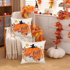 Smilyard Fall Autumn Orange Pumpkin Throw Pillow Covers 16x16 Inch Set of 2 Thanksgiving Maple Leaf Pumpkins Outdoor Decorative Pillows Cover Harvest Linen Pillowcase for Bed Couch Sofa Decor