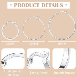 Dystud 3 Pairs 925 Sterling Silver Big Hoop Earrings Set for Women Hypoallergenic Large Hoops Silver Earrings Set for Women 20mm 30mm 40mm