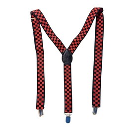 Adjustable Y-Back Suspenders, Red and Black Checkerboard Pattern, Silver Metal Clips