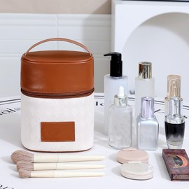 Makeup Bag,Vintage Small Leather Travel Organizer Portable Toiletry Cosmetics Storage Bag with Zipper and Handle for Home Travel Hotel