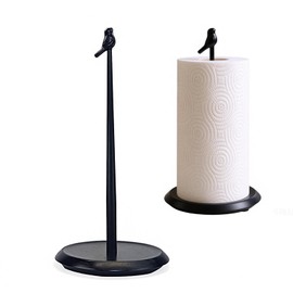 Black Paper Towel Holder Stand for Countertop with Solid Wood Base and Wrought Iron Bird, Rustic Farmhouse Paper Towel Roll Holder, Stable Towel Dispenser with Non-Slip Pad
