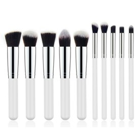 MAXPERKX 10pcs Kabuki Make up Brushes Set Eye shadow Blusher Face Buffer Powder Foundation Brush Contour Eyeshadow Makeup 10 Pieces Professional Cosmetic Foundation Tool (White & Silver)