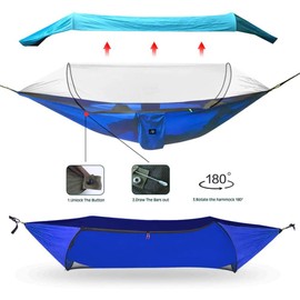 [2 in 1] Camping Hammock with Mosquito Net & Sunshade Cloth & Tree Straps for 2/Double Person, AYAMAYA Portable Parachute Nylon Lightweight Big Pop Up Swing Hammock with Bug/Insect Netting (Blue)
