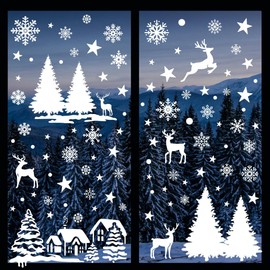 Fensterbilder Weihnachten Selbstklebend, QZOSZ Winter Fensterbild Groß Weihnachten Weihnachtsdeko Fenster Deko Weiß Schneeflocken Sterne Häuser Fensteraufkleber Weihnachts Fensterdeko Wiederverwendbar