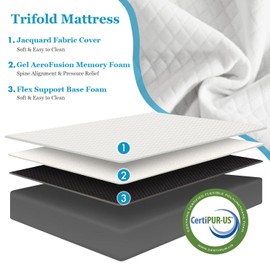 wOod-it Folding Mattress, 4 inch Tri-Fold Memory Foam Mattress Topper for Camping, Foldable Guest Bed, Portable Travel Mat with Washable Cover, 75"×54"×4", White