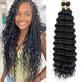 Eerya Long Curly Braiding Hair 24 Inch 2 Packs Ocean Wave Crochet Hair for Black Women Deep Wave Braiding Hair for Boho Braids（24 inch, 1B）