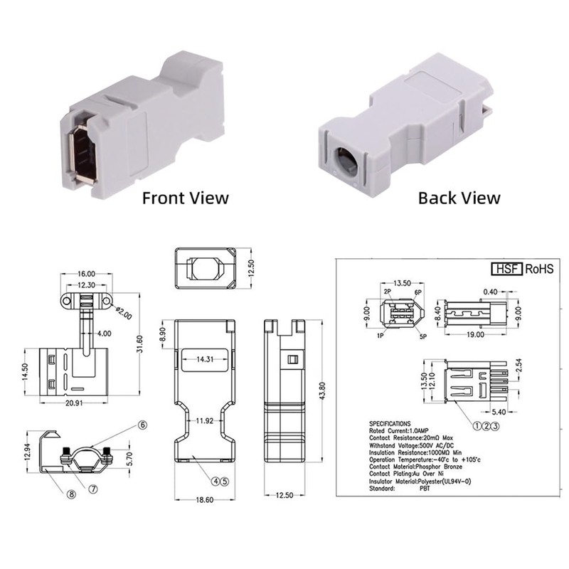xiwai FireWire IEEE 1394 6-Pin CN3 Female SM-6E I/O Connector,
