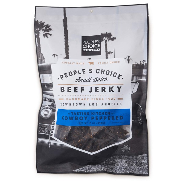 People's Choice Beef Jerky - Tasting Kitchen - Cowboy Peppered Beef Jerky - Camping Food, Backpacking Snacks, Road Trip Snacks - High Protein Low Sodium Healthy Snacks - 1 Pound, 16 oz - 1 Bag