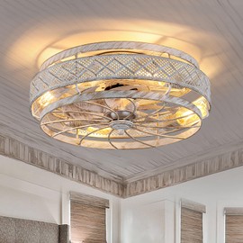 SHIHOT Caged Ceiling Fans with Lights Remote Control White, 18 Inch Flush Mount Ceiling Fan Small, Bladeless Low Profile Ceiling Fan Light Fixture for Bedroom, Kitchen, Reversible(Bulbs not Included)