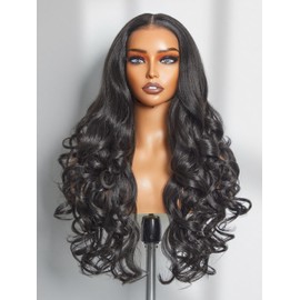 GORGIUS Black Wavy Lace Front Wigs Pre Cut Glueless Synthetic Long Hair Middle Part Frontal Wig For Women 26 Inch