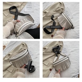 GLT.ETL Fanny Pack Chest Bag For Women Faux leather Fringe Quilted Waist Cross Body Blet Bum Bags Rivet Studded Tassel Purses (White)