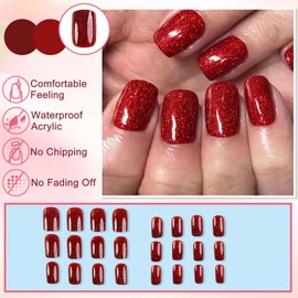 Ceboic 24 Stück Press on Nails Kurz, Square French Fake Nails Kirschrot Einfarbig Fingernägel zum Aufkleben, Glitzer Künstliche Nägel Selbstklebende, Natürlich Nägel Zum Aufkleben für Frauen