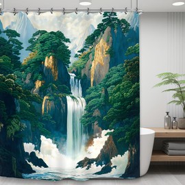 Yookeb - Cortina de ducha de baño con cascada japonesa, color verde, 60 W x 71 H, paisaje, árbol, Ukiyo-e, tela de poliéster, 12 ganchos de plástico, decoración impermeable