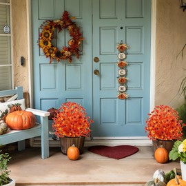 Lcuasc 2pcs Fall Artificial Eucalyptus Daisy Topiary Ball,Fall Decor Artificial Shrub Bushes with Ground Spike,UV Resistant Fake Tree for Porch,Artificial Plants for Outdoor Planters (Fall Orange)