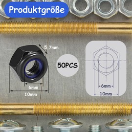 qingmeng Hex Nuts M6, 50 Pieces Nut M6 Black, Self-Locking Nuts, M6 Stop Nut Locking Nuts, Lock Nuts Set Screw Nut M6 Metric Thread