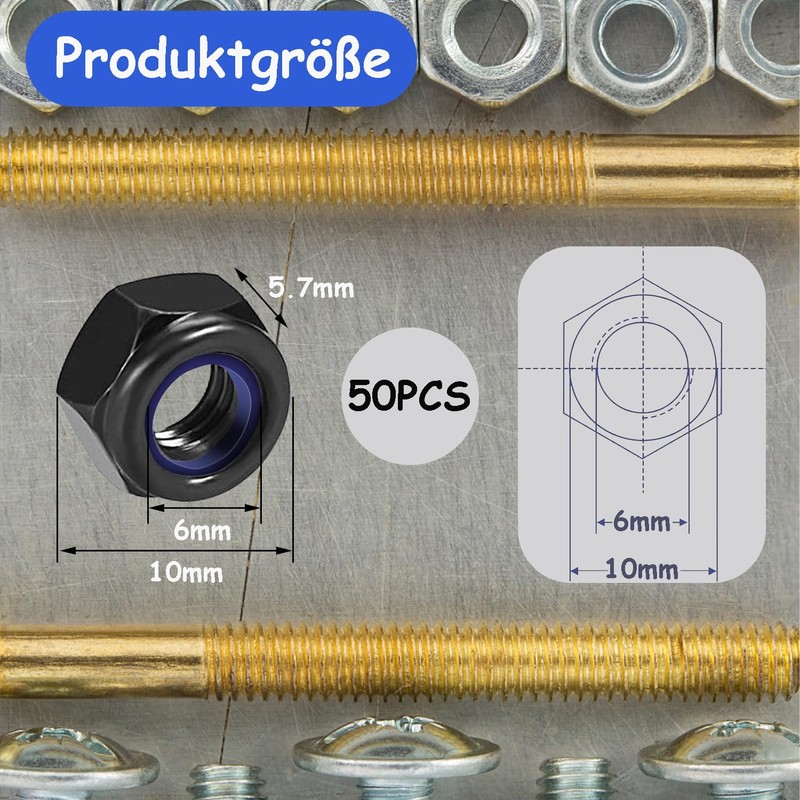 qingmeng Hex Nuts M6, 50 Pieces Nut M6 Black, Self-Locking