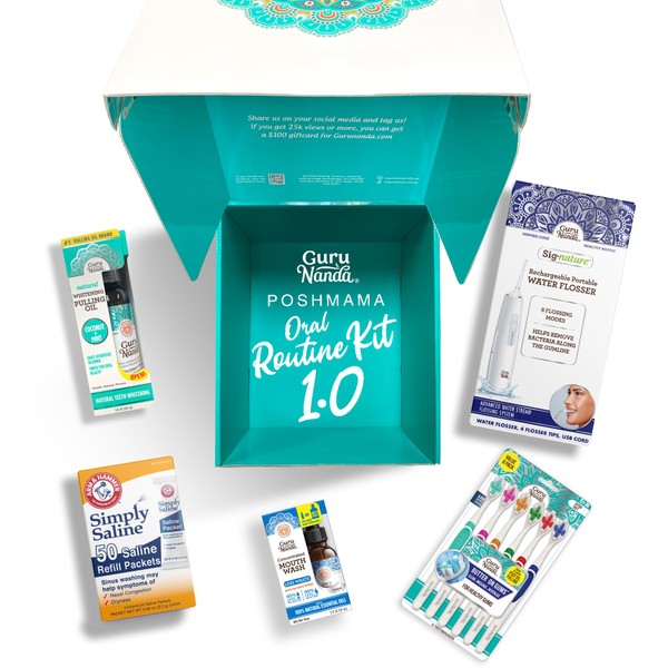 GuruNanda PoshMama 1.0 Complete Oral Care Kit with CocoMint Pulling Oil, Butter on Gums Toothbrush, Concentrated Mouthwash, Handheld Portable Water Flosser, & Saline Packets - 5ct