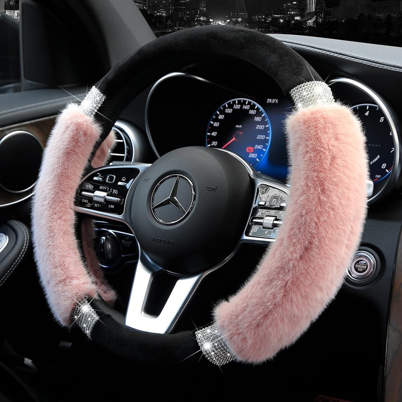 Achiou Rhinestone Fluffy Steering Wheel Cover - Comfortable Non-Slip Luxury