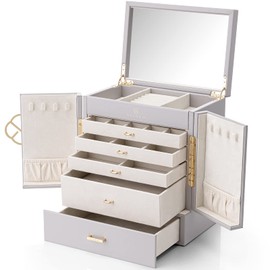 Vlando Large Jewelry Organizer Box, 5-Layer Jewelry Storage Box with Mirror & 4 Drawers for Earrings, Necklaces, Rings and Watch Organizer for Women Girls Mothers Day Gifts for Mom - Grey