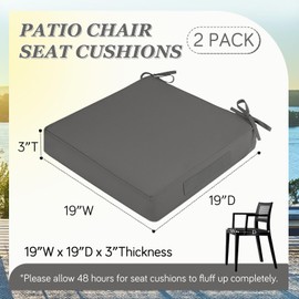 HOMELYSIAN Waterproof Outdoor Chair Cushions Set of 2, Square Outdoor Seat Cushions with Ties and Removable Covers, 19 x 19 Outdoor Cushions for Patio Furniture with Portable Handle(Grey)