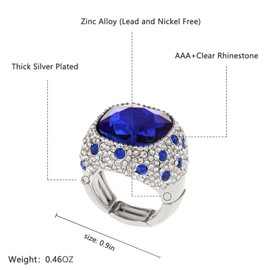 Chunky Silver Plated Square/Circle Gemstone Blue/Red/Black Crystal Adjustable Cocktail Rings for Women Costume Jewelry (Square & Blue)