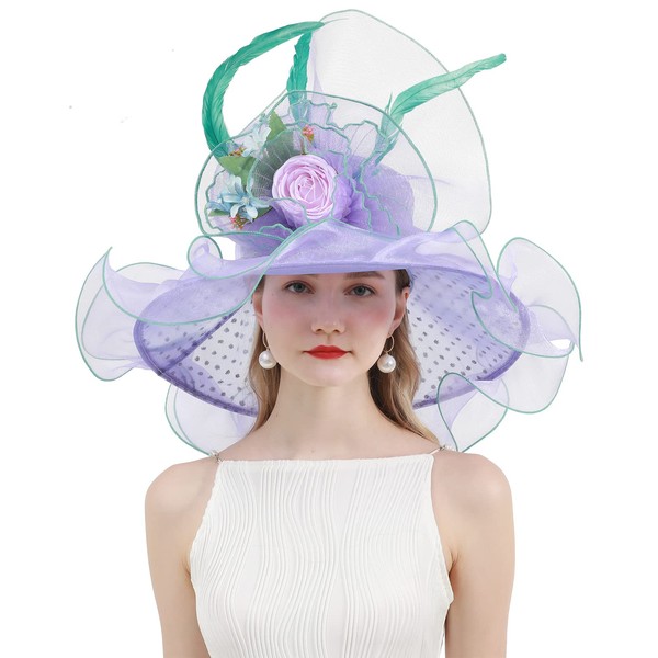 Z&X Sombrero de iglesia Derby de Kentucky para mujer, tocado de organza, para boda, té, fiesta, sombrero de ala ancha, 019 Púrpura, Talla única