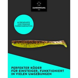 Zanderfang - Zander Rubber Fish - Artificial Lure for Zander and Perch - Soft Bait Flavoured with Fish Aroma - UV Activity - Set of 5 - Brown-Green