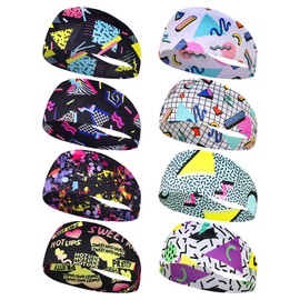 8 Pack 80s 90s Print Neon Headbands,80s Retro Accessories 90s Outfits for Women,Hairband for Masquerade Party Style Running Cycling (Style B)