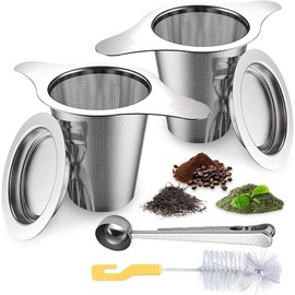 Infusor de Té, Juego de 4 Filtro de Té con Tapa y Doble Asa, Malla Ultrafina Sin Residuos, Incluye Cuchara Medidora con Clip + Cepillo, Reutilizable p