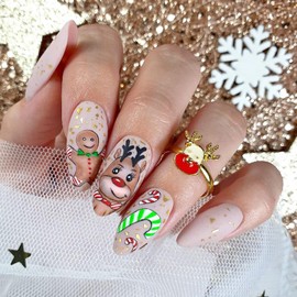 Christmas Press on Nails Short Artificial Acrylic False Nails - Cute Elk Gingerbread Man Crutch Design Almond Fake Nails Full Cover Glossy Coffin Nature Fit Glue on for Women