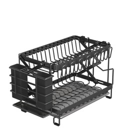 LMingKun Good Grips Carbon Steel Fold Flat Dish Drying Rack, 2-Tier, with Drainboard, for Kitchen Counter, Collapsible (Black)