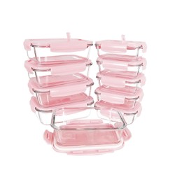 [10 Pack] Pink Glass Meal Prep Containers with Airtight Lids, Microwave, Oven, Freezer/Fridge and Dishwasher Safe, BPA-Free, Motivational #BecomingHer, A Girls' Dream, 640ml and 1040ml