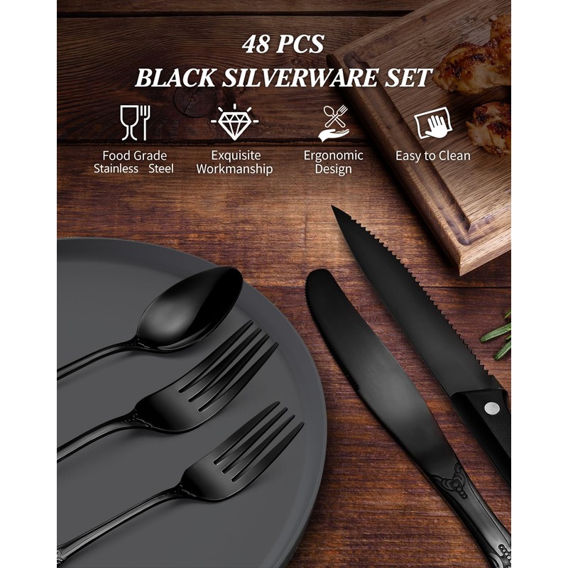 Aswwid 48 Pieces Black Silverware Set for 8, Retro Royal