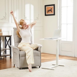 DUMOS Overbed Bedside Table with Wheels, Height Adjustable Rolling Hospital and Home Use Standing Stand Up Tray Mobile Laptop PC Desks for Bedroom, Living Room, Office, White