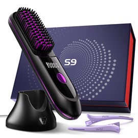 VELORlA Cordless Hair Straightener Comb with Charging Dock & LED Display - Portable 2-in-1 Travel Straightener Brush with 200M lons, 3 Temps 320-392'F, Anti-Frizz Hair Styler, Gift for Women (Black)