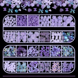 Kikonoke 2 Boxes 3D Flower Nail Charms Butterfly Bow Snake Rabbit Bear Shaped Nail Art Rhinestones Gems for DIY Nail Art Decoration Making Craft (Purple)