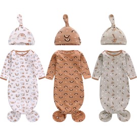 Newborn Knotted Nightgown Long Sleeve with Matching Hat Set 3 Pack, Cotton Baby Sleeper Gowns Sleeping Bag Unisex Home Outfits Set with Mitten Cuffs for Boys Girls 0-6 Months