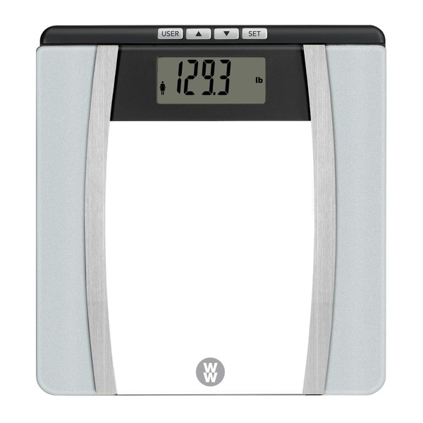 Weight Watchers Scales by Conair BathroomScale for Body Weight,Glass Digital Scale with Body Analysis Measures Body Fat,Body Water,BMI&Bone Mass for 4Users,Measures Weight up to 400Lbs.in Black&Silver