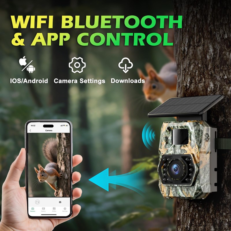 Solar Trail Camera 60MP 4K, WiFi Bluetooth, Game Camera with
