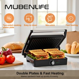 MUBENLIFE Panini Press,Sandwich Press Grill,180 Degree Open,Perfect for Grilling Sandwich,Steak,Burger,Non-Stick Grill,Table Grill,Stainless Steel,Temperature Adjustable,4 Slice,Barbecue,GT49A