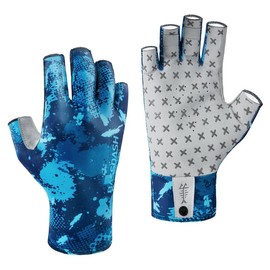 BASSDASH 3/4 Finger UPF 50+ Sun Gloves Breathable Anti-Slip Silicone Palm  for Men Women Fishing Fingerless Cycling Running - Color: Blue Sport Camo -Medium