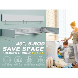 SKIKEN Wall Mounted Laundry Drying Rack - Pull-Out Drying Rack Clothing - 6 Stainless Steel Rods - Collapsible & Hidden for Laundry Room/Bathroom - Heavy Duty & Space Saving (40.0", White)