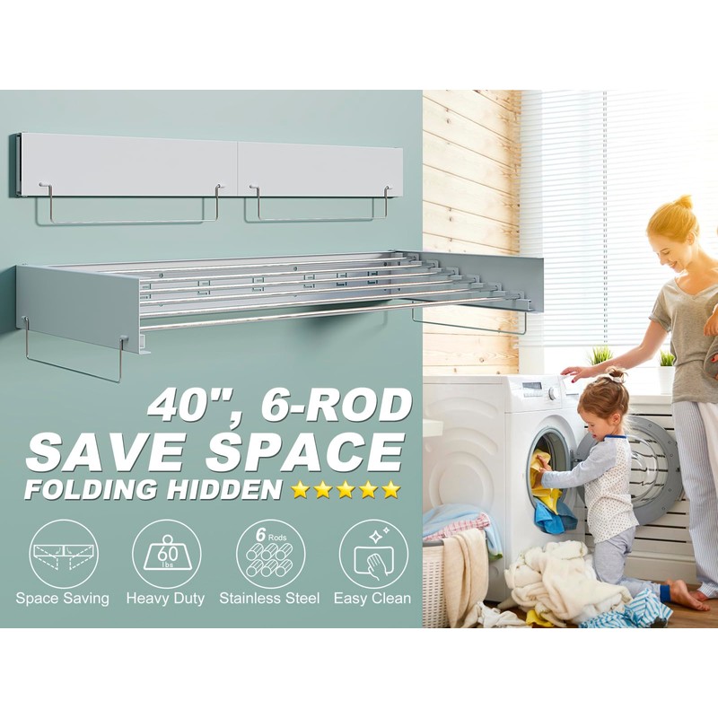 SKIKEN Wall Mounted Laundry Drying Rack - Pull-Out Drying Rack