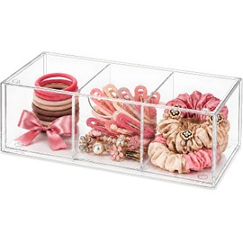 Organizador de accesorios para el cabello para niñas, soporte de acrílico transparente para lazos, clips y coleteros con divisor extraíble, linda caja contenedora pequeña apilable de cajón de