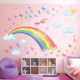 DECOWALL SG2-2309 Rainbow Wall Sticker Unicorn Wall Sticker Clouds Butterflies Girls Children Wall Sticker for Girls Room Nursery Baby Room Wall Decoration