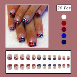 24pcs 4th of July Press on Nails Short French Tip Fake Nails with Star Glitter Design Red Blue French False Nail Tips Glue on Nails Independence Day Patriotic Full Cover Stick on Nails for Women