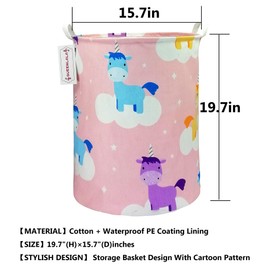 QUEENLALA Large Storage Basket,Laundry Hamper/Bathroom/Home Decor/Collapsible Round Storage Bin,Boys and Girls Hamper/Boxes/Clothing（Pink Unicorn）