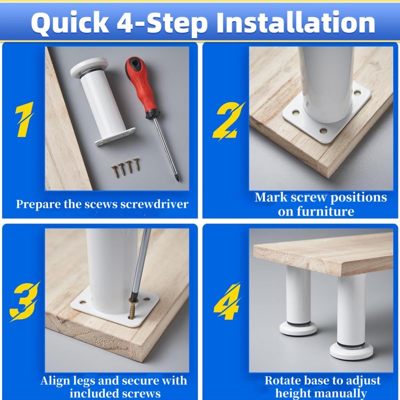 4-Pack White Adjustable Heavy Duty Cabinet Legs (8-12cm) | Non-Slip,